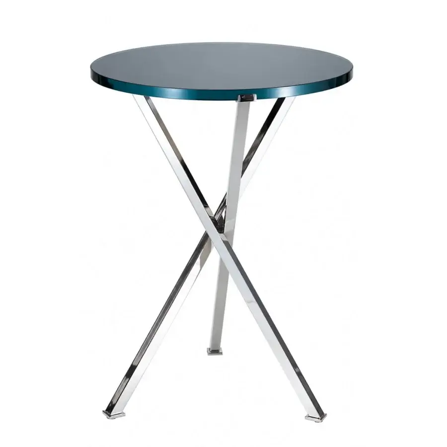 Exquisite Selezioni Domus Shangai side table with smoky blue gray glass top and polished metal base