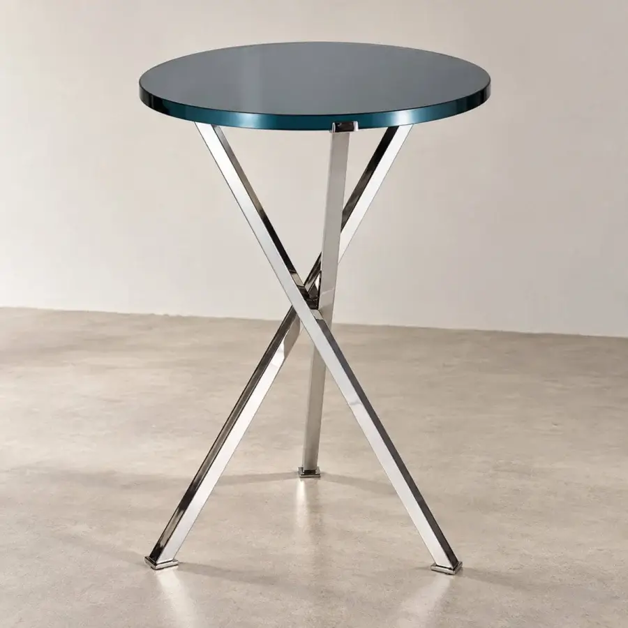 Luxury Selezioni Domus Shanghai side table with circular smoky blue gray glass top and reflective high gloss chrome base