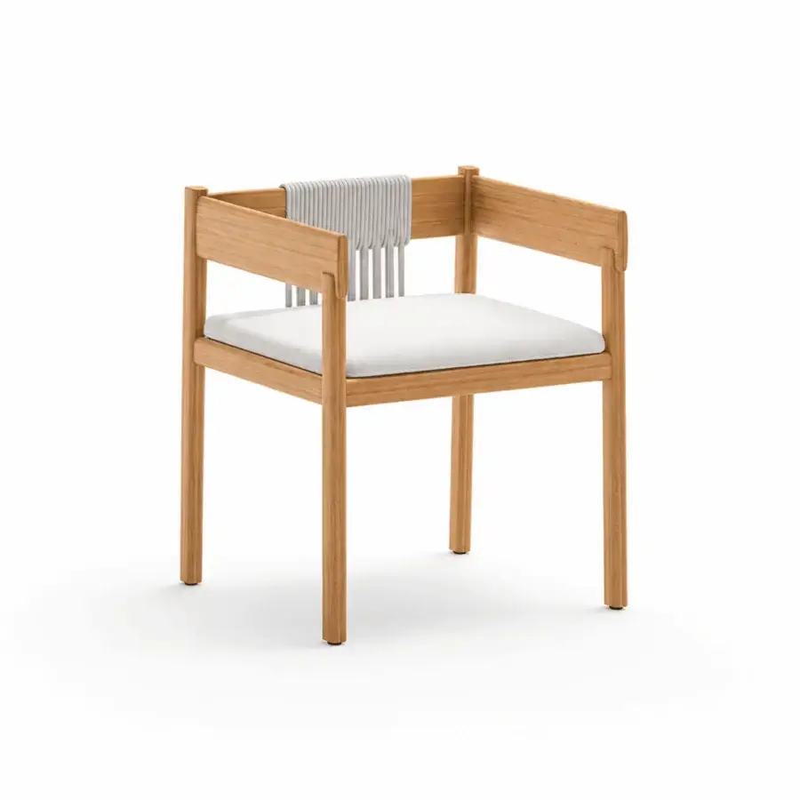 Luxury Unopiù Cora chair in solid teak with matte finish, tactile woven rope, and off-white cushion in geometric silhouette
