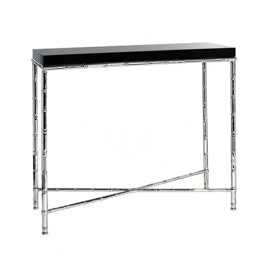 Sophisticated Selezioni Domus console featuring thick wooden top in glossy black finish upon polished metal structure