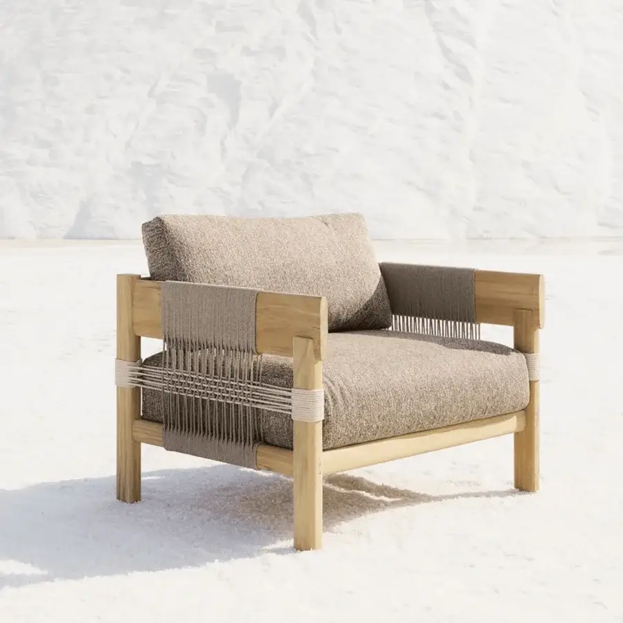 Exquisite Unopiù Cora lounge chair crafted from solid teak and matte rope with speckled cushions