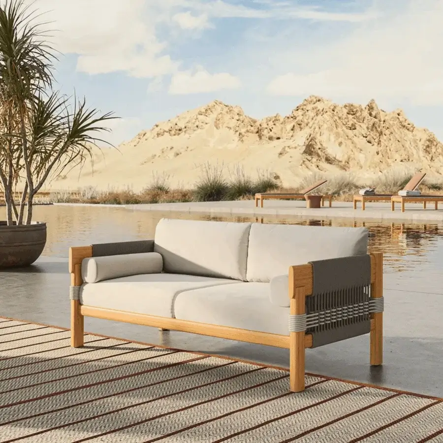 Luxury Unopiù Cora sofa in solid teak with charcoal cord weave plus plush off-white cushions and cylindrical bolsters