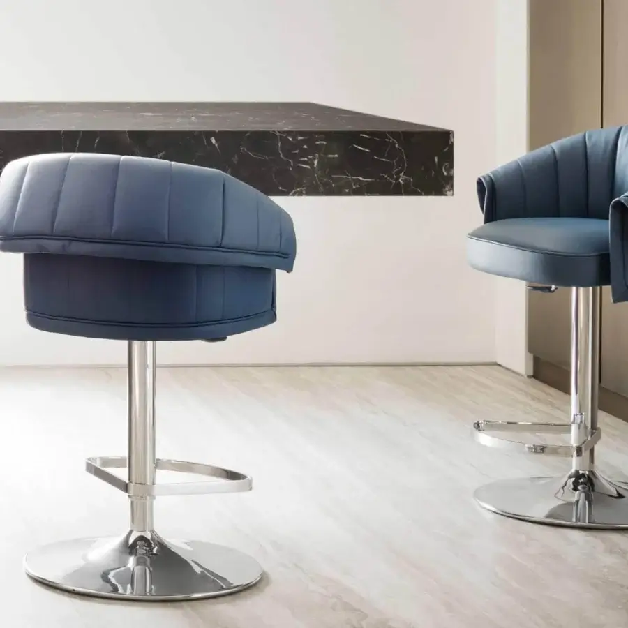 Exceptional Rugiano Manta stool with swiveling metal base and smooth blue fabric upholstery crafted for kitchen or bar settings