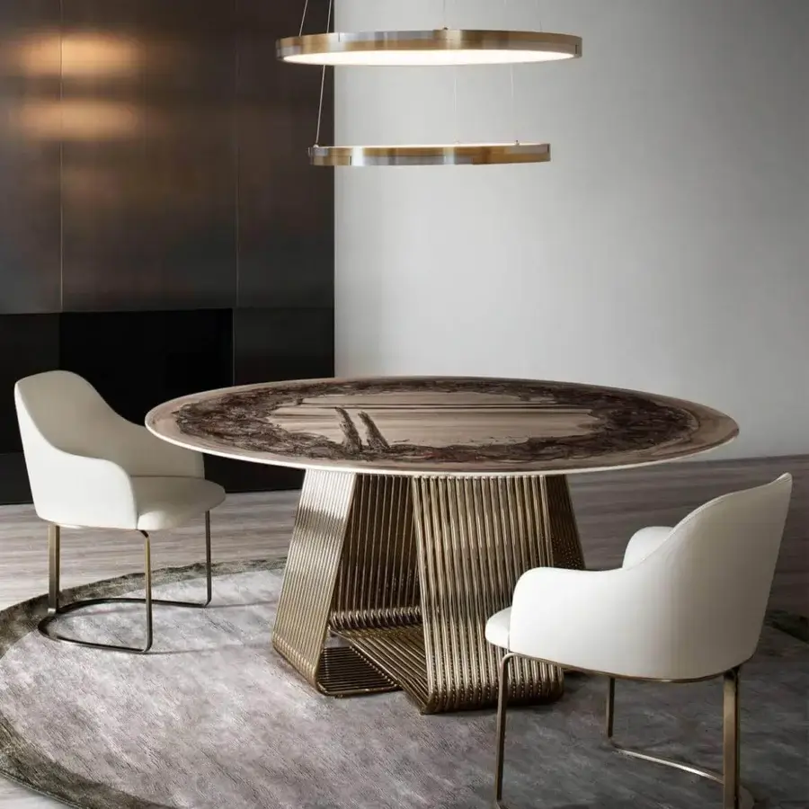 Superior Rugiano Alyson round table with light gold metal base crafted from curved tubes and swirling brown beige wood top