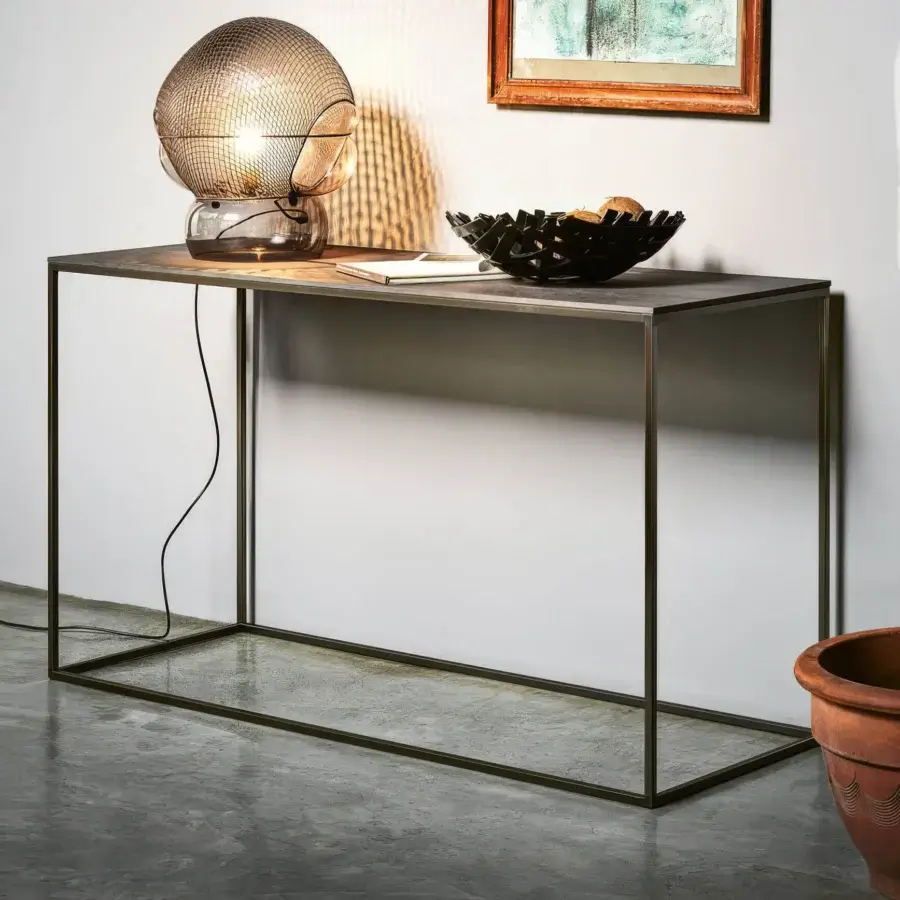 Luxury Helsinki 15 console by Caronni + Bonanomi in charcoal steel tube with dark bronze galvanic aluminum joint finishes
