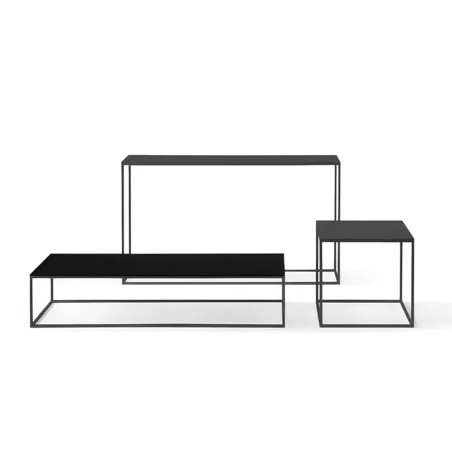 Luxury Desalto Helsinki 15 console in solid black steel tube and die-cast aluminum with a matte geometric linear finish