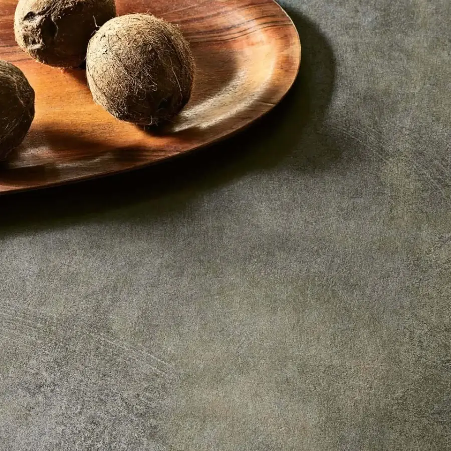 Luxury Desalto Helsinki 15 console in steel with matte mottled surface displaying grey and earthy green tone combinations