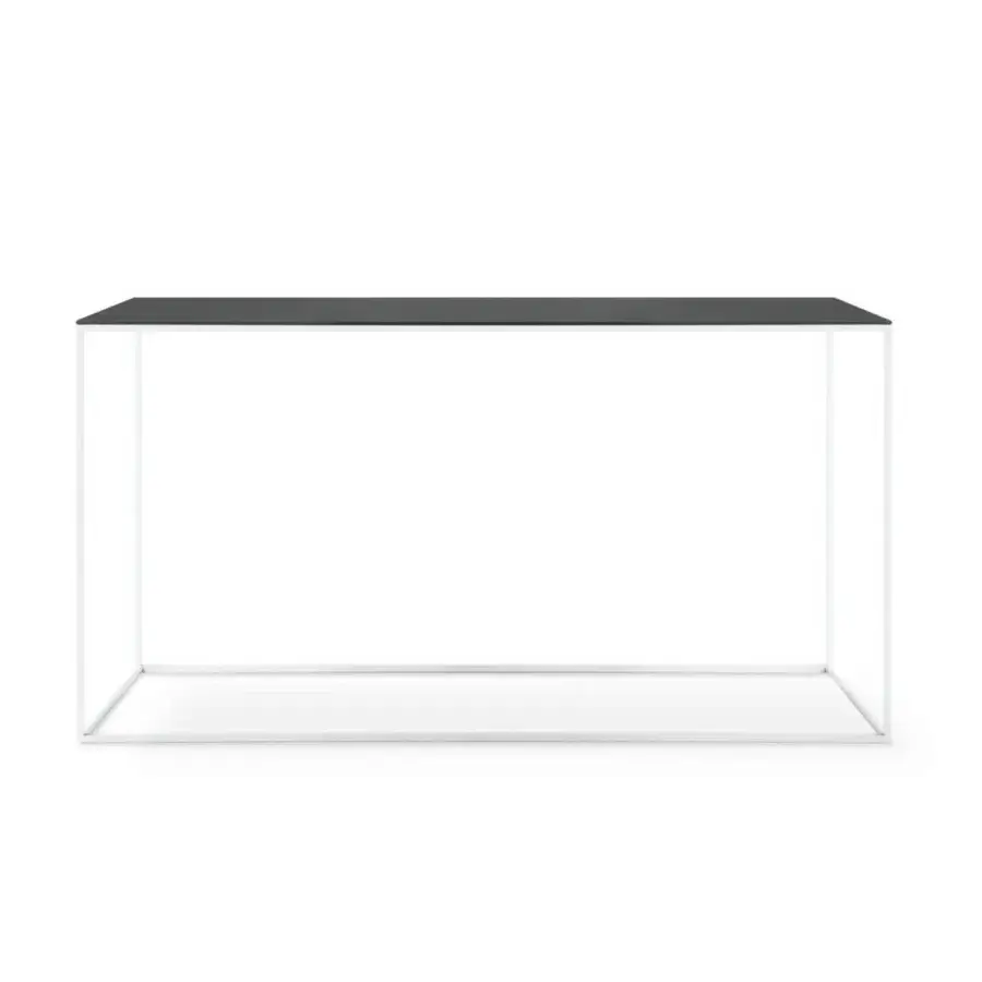 Luxury Desalto Helsinki 15 console with dark matte top plus slender steel tube base in smooth white aluminum joint frame