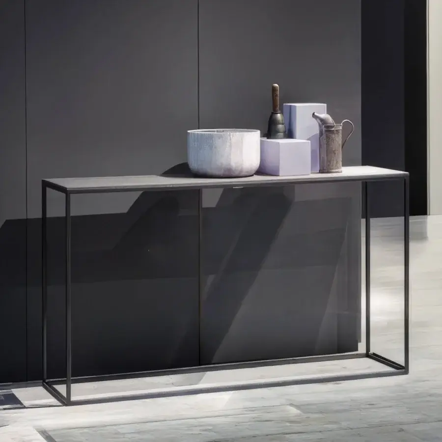 Sophisticated Desalto Helsinki console in matte black steel tube and die-cast aluminum with a geometric rectangular form