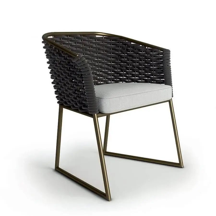 Exceptional Rugiano Afrodite armchair crafted with bronze painted metal and hand-braided grey rope in light gray refined fabric
