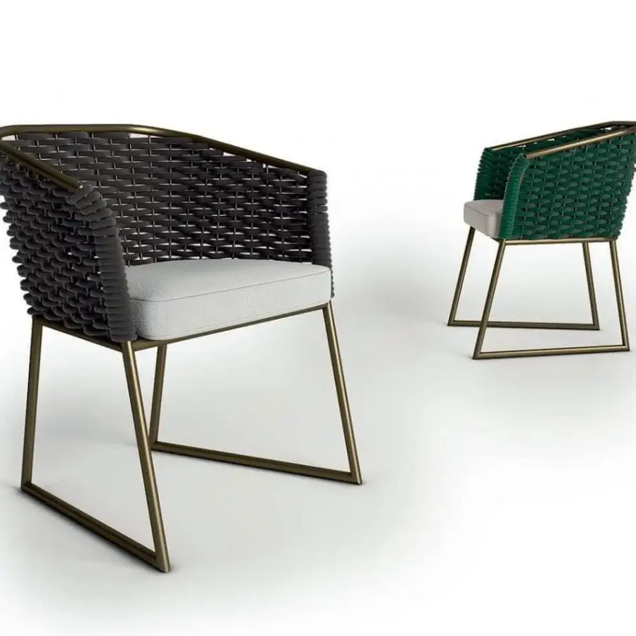 Lavish Rugiano Afrodite armchair with bronze painted metal and meticulously hand-braided grey rope detailing in light gray fabric