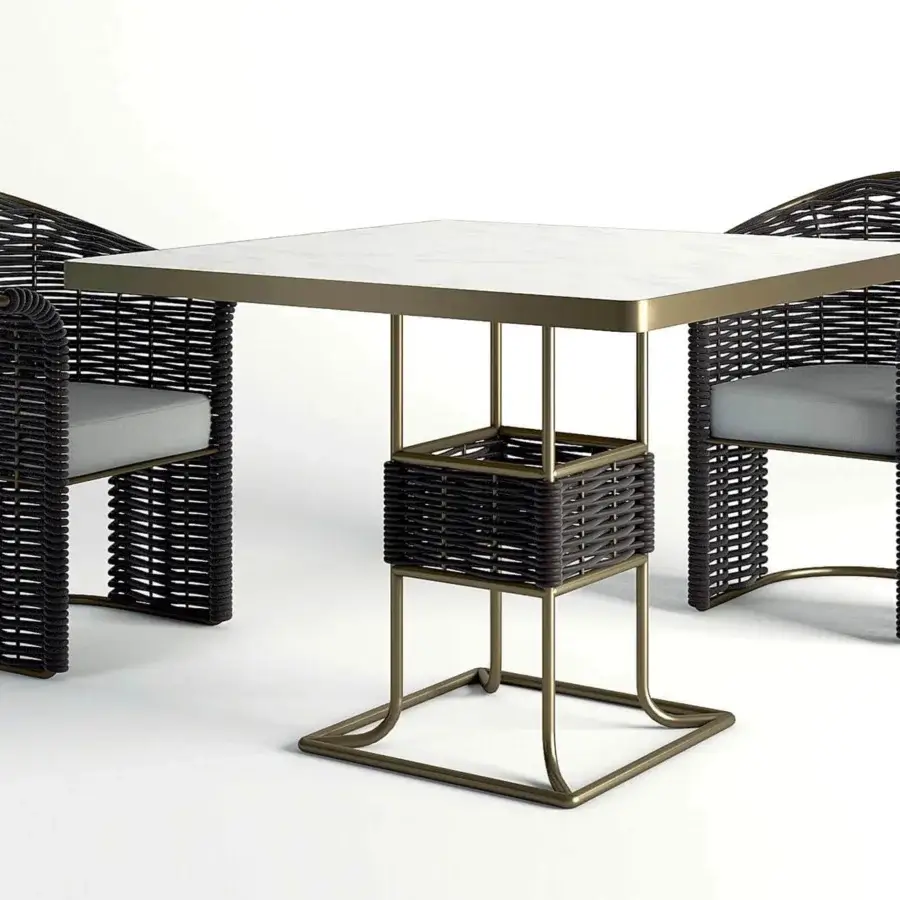 Distinctive Rugiano Marina table with calacatta matt techno marble top and bronze painted metal base crafted with dark brown rope