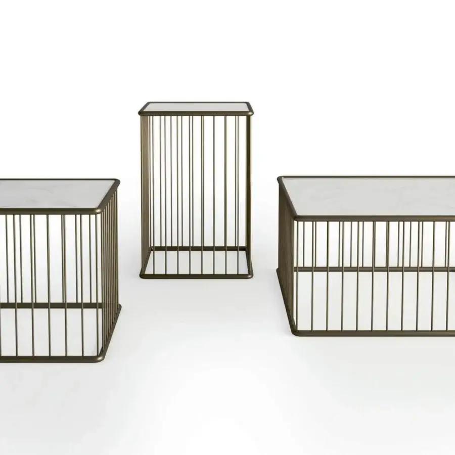 Exceptional Rugiano Marina coffee table with square calacatta matt techno marble top and bronze painted iron base
