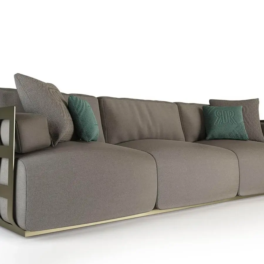 Innovative Rugiano Dafne sofa with geometric bronze-painted aluminum frame and gray textile upholstery accented with patterned cushions