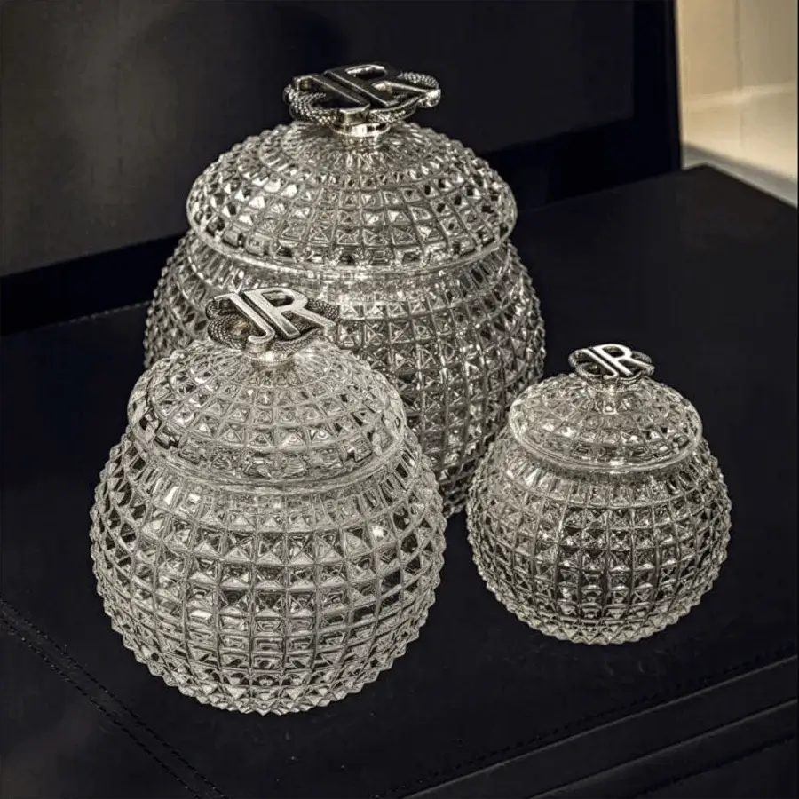 Exquisite JR Home by John Richmond box in clear lead crystal featuring diamond cut texture and silver plated bronze handle