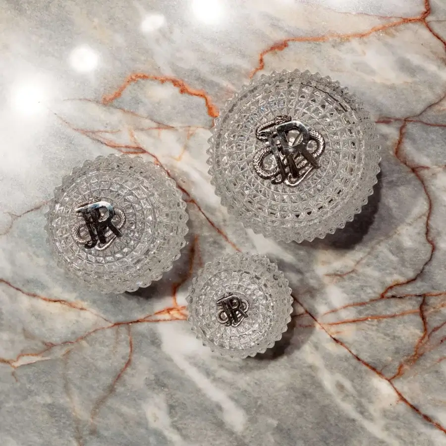 Luxury JR Nikki Boxes set in clear mouth-blown lead crystal with faceted diamond-cut texture and silver-plated handle