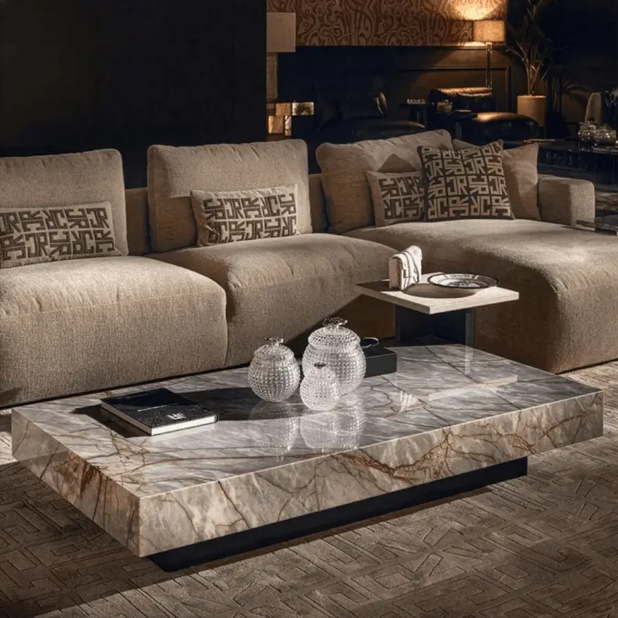 Sophisticated JR Home by John Richmond coffee table crafted from polished stone featuring natural veining in cream grey and reddish…