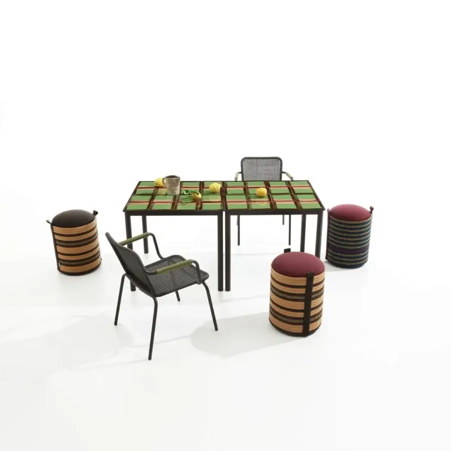 Luxury Antonio Marras Via Tiles table with checkered green dark reddish-brown ceramic surfaces and matte galvanized steel