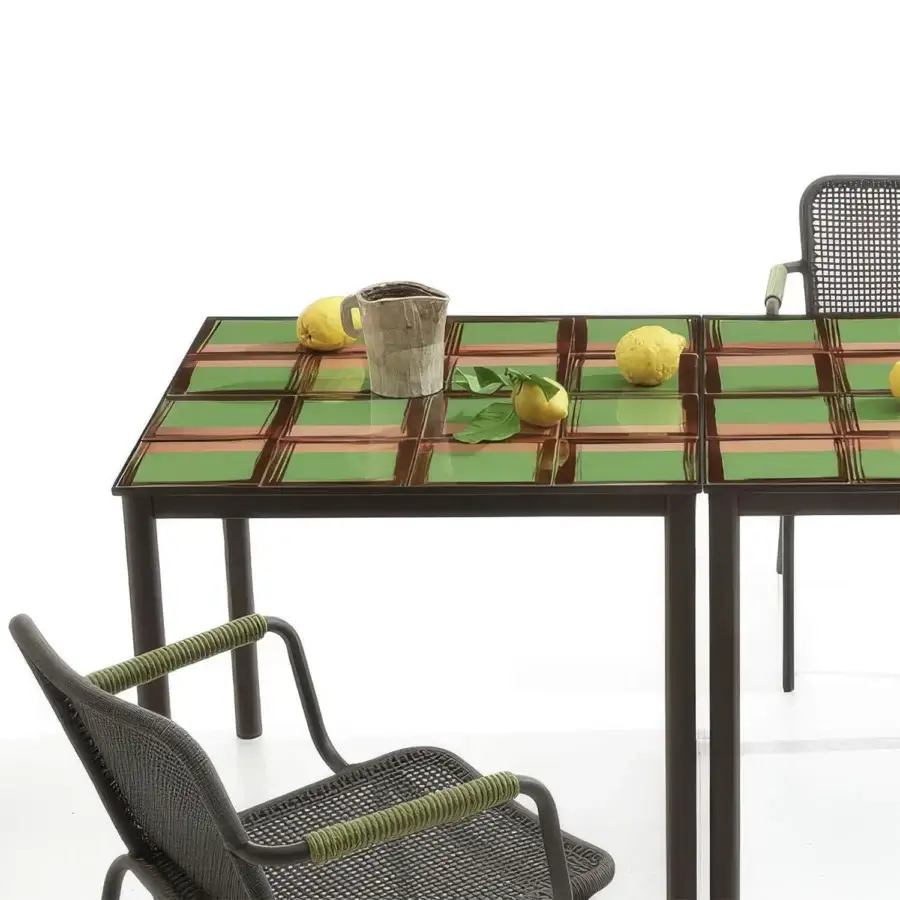 Luxury Nodo Italia Via Tiles table with geometric artisanal surface in green brown reddish tones and matte steel frame