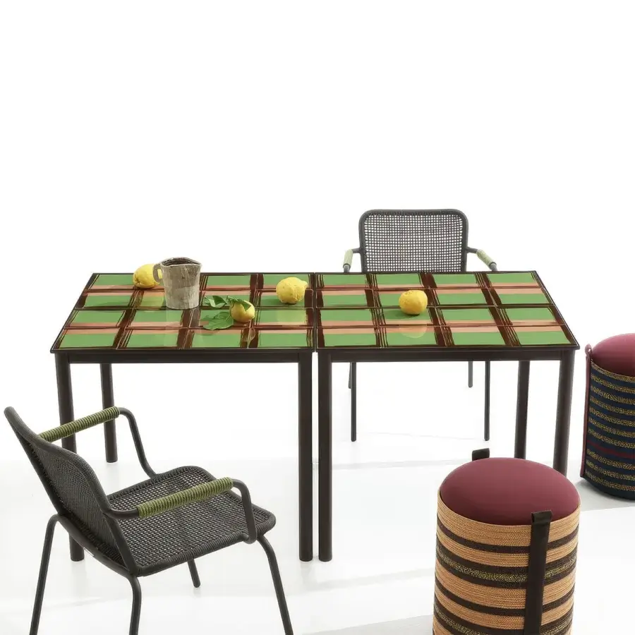Luxury Nodo Italia Via Tiles table in muted green and deep brown with powder coated galvanized steel glossy grid surface