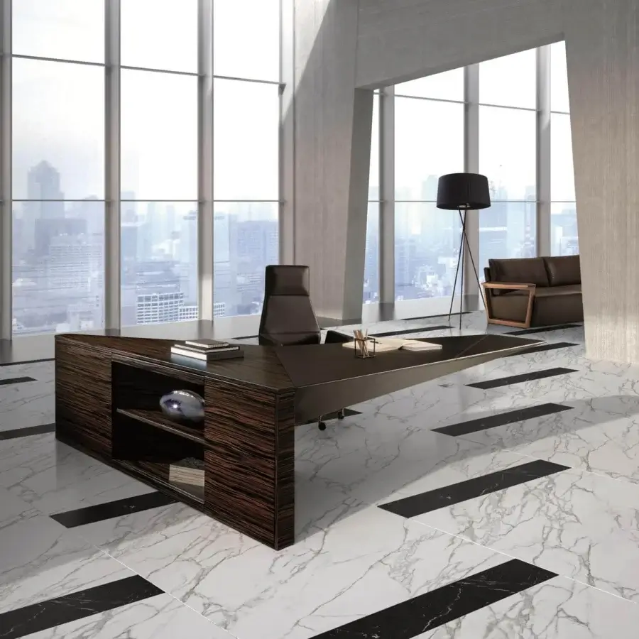 Exceptional 4 Mariani Euclideo desk veneered in ebony wood with a rich dark brown finish and minimalist design
