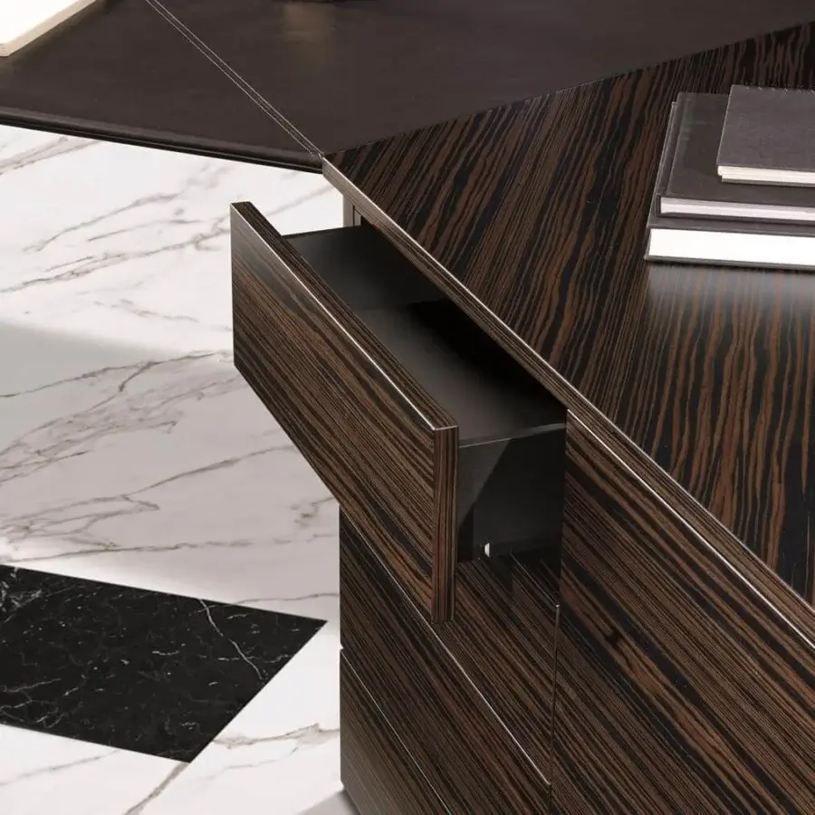 Superior 4 Mariani Euclideo desk with ebony wood veneer and black saddle leather, presenting a satin sheen