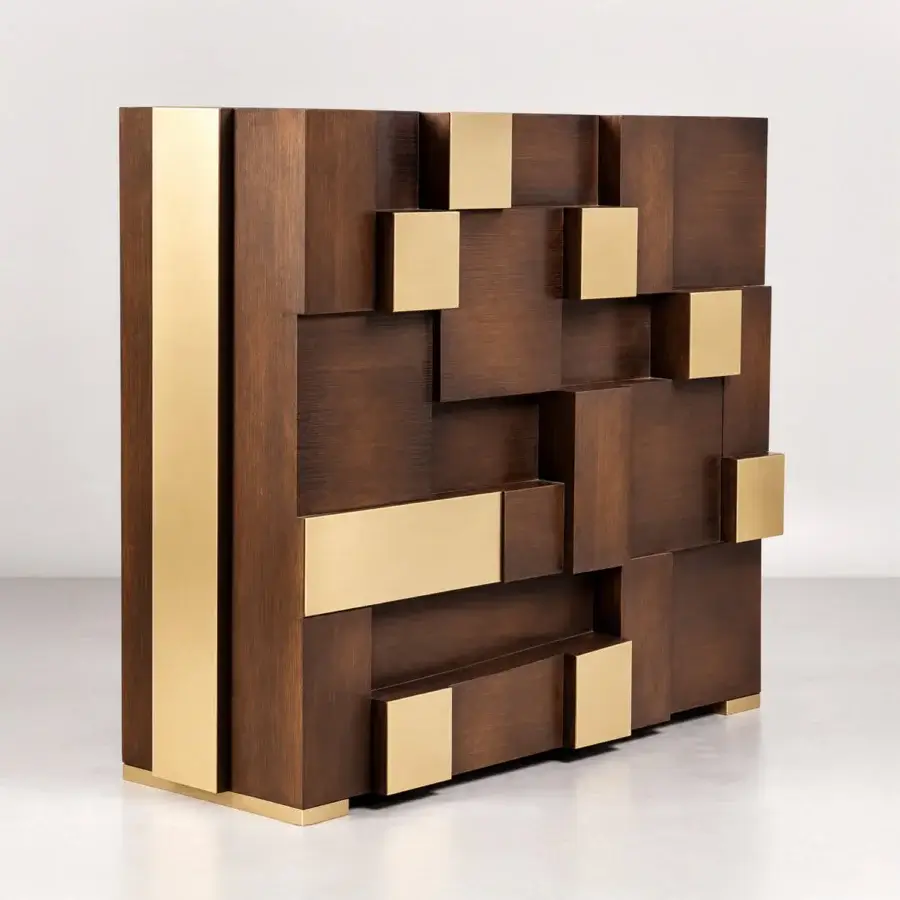 Sophisticated Selezioni Domus Step console in dark brown wenge wood featuring matte finish and satin brass metallic inlays