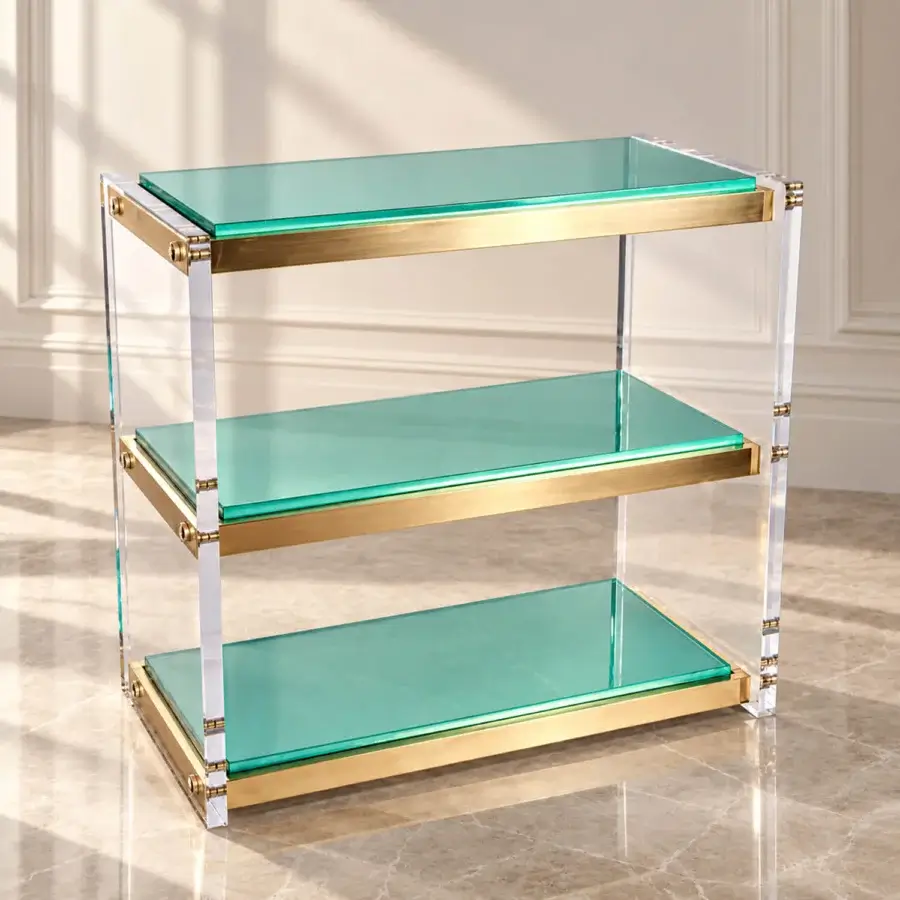 Luxury Selezioni Domus console with aquamarine tinted glass shelves, transparent vertical supports and brass glossy finish