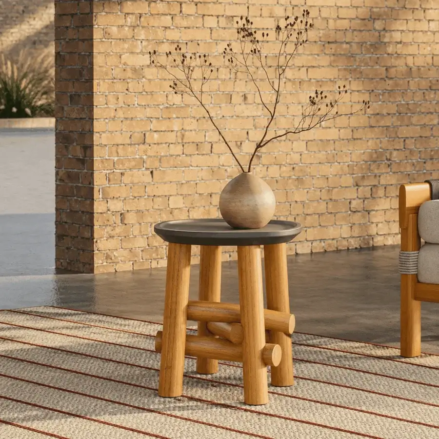 Exquisite Unopiù Symi side table in warm teak wood and matte dark grey tabletop