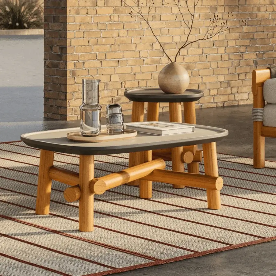 Elegant Unopiù Symi side table in natural teak wood with minimalist Asian-inspired joinery and matte grayish-taupe top