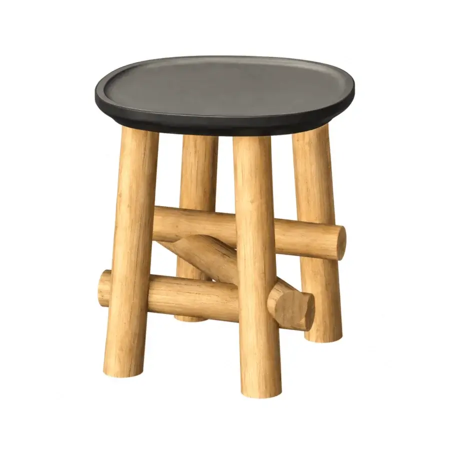 Elegant Unopiù Symi side table with matte dark gray circular top and natural teak wooden base showing visible grain finish