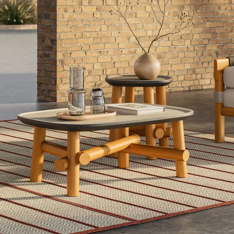 Sophisticated Unopiù Symi coffee table having natural teak structure combined with Dove ceramic tabletop