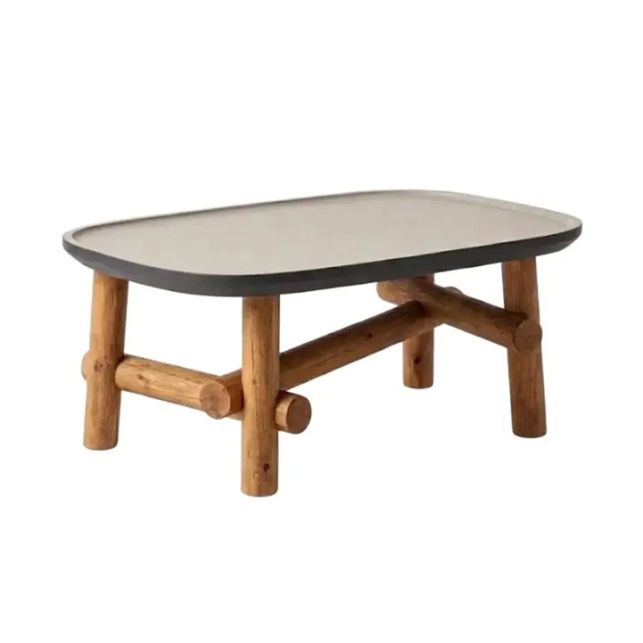 Luxury Unopiù Symi coffee table with durable ceramic top in Dove finish plus natural teak structure and cylindrical legs