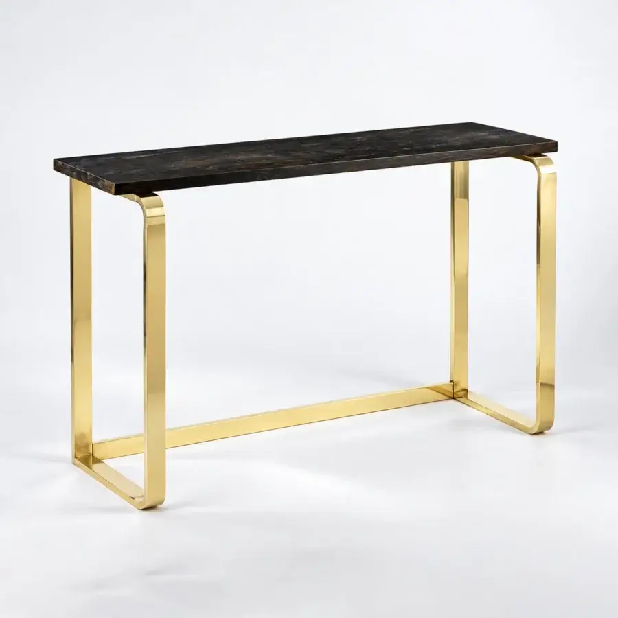 Luxury Selezioni Domus Angoli Tondi console with stone top in charcoal brown mottling and polished brass metal structure