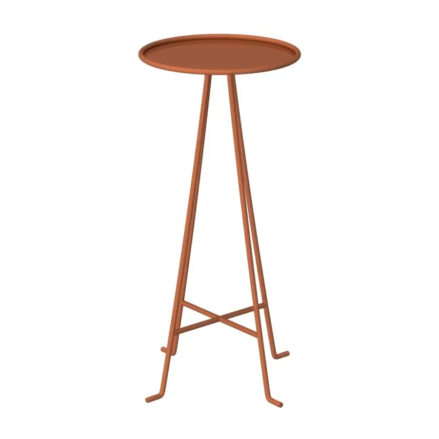 Luxury Unopiù Syros side table in metal with circular tray top and tapered tripod base plus matte terracotta finish
