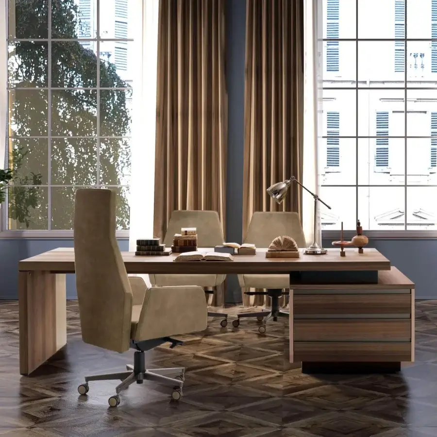 Distinguished 4 Mariani Kefa armchair crafted with light brown leather and an innovative titanium-varnished aluminum swivel base