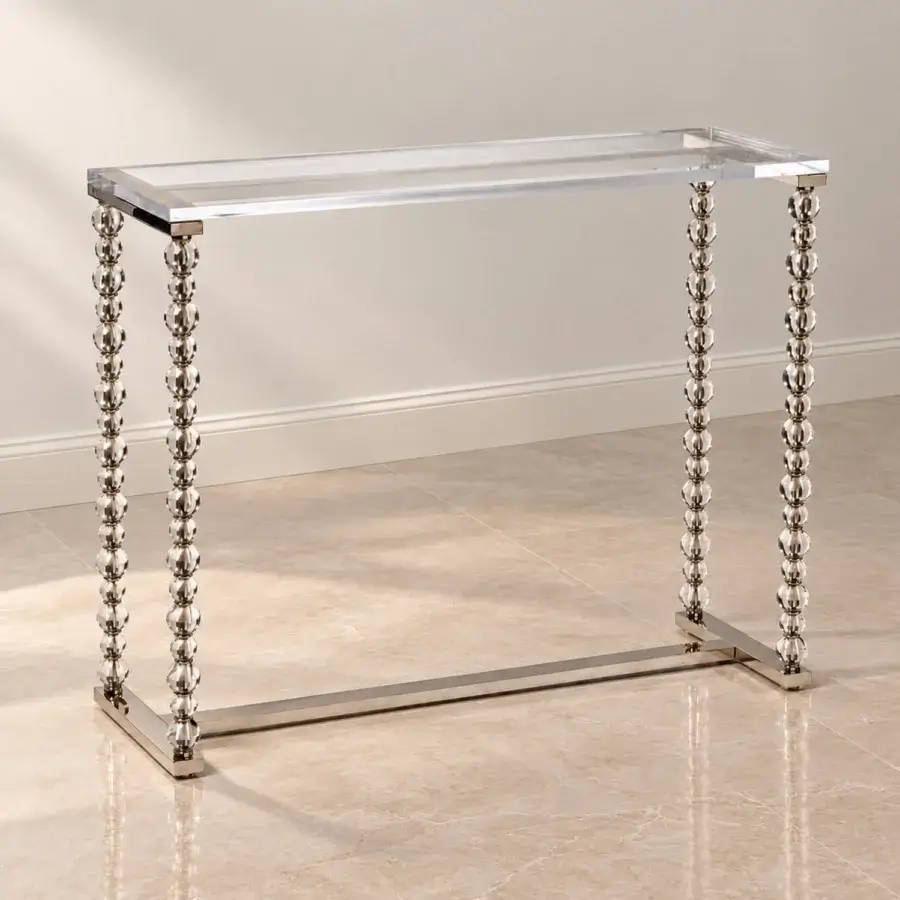 Elegant Selezioni Domus Pianeti Transparenti console with clear spherical elements and polished metal H-shaped base