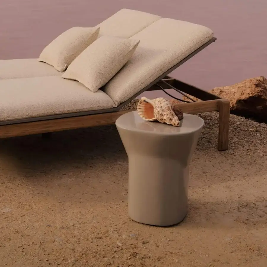 Exquisite Unopiù Egadi stool in taupe with organic flared form and glossy finish
