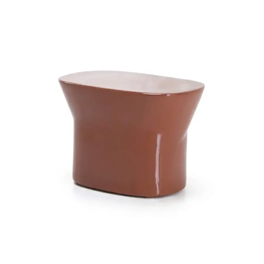 Luxury Egadi stool with monolithic sculptural silhouette and refined glossy Terracotta finish in smooth organic form