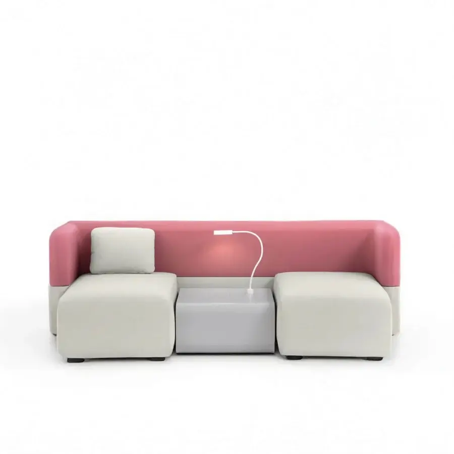 Luxury Noctis sofa in cream matte textile with light gray central console plus wrap-around pink backrest Italian modular