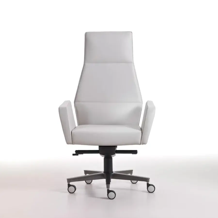 Elegant 4 Mariani Kefa armchair upholstered in smooth light-gray leather with titanium varnished aluminum base