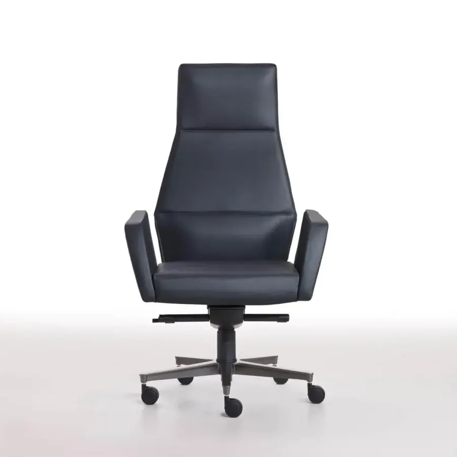 Innovative 4 Mariani Kefa armchair upholstered in dark gray or blue leather with titanium-varnished aluminum swivel base