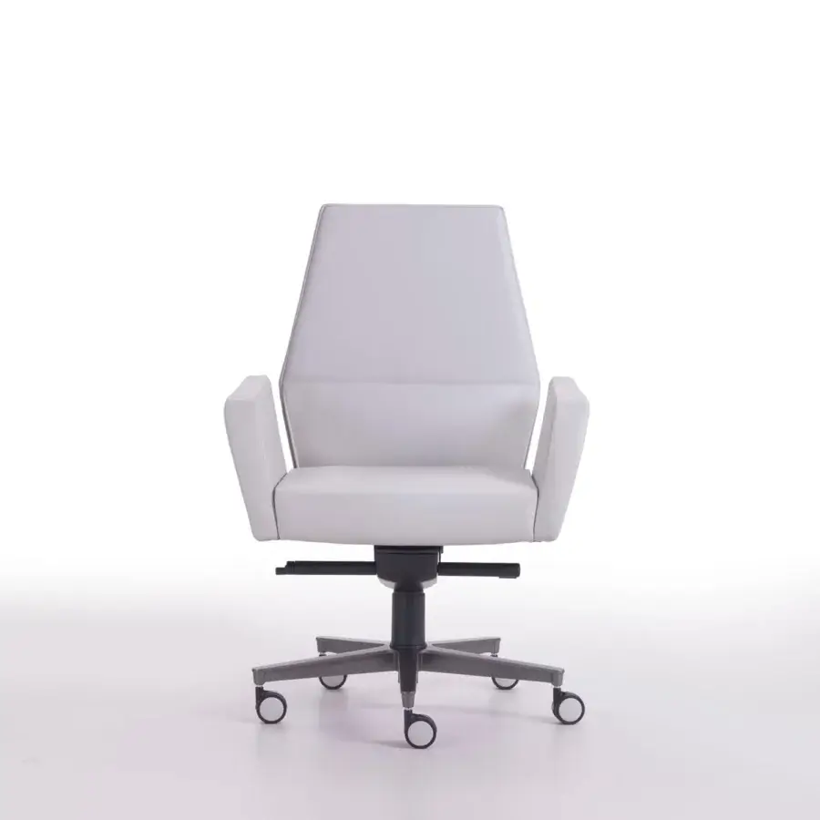 Innovative 4 Mariani Kefa armchair with tubular steel frame and sleek light gray leather upholstery with titanium-varnished aluminum base