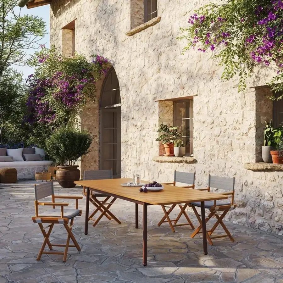 Exquisite Unopiù Versilia extendable table having warm medium-brown teak slatted top plus dark matte aluminium structure