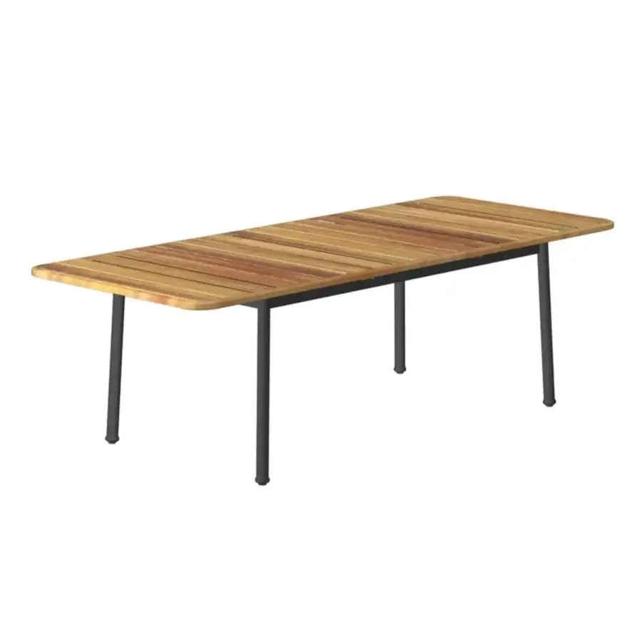 Sophisticated Unopiù Versilia extendable table featuring warm natural teak slatted top, dark matte aluminium structure