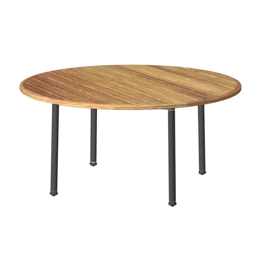Elegant Unopiù Versilia table with circular solid teak planks plus four sleek matte dark metal legs in industrial design