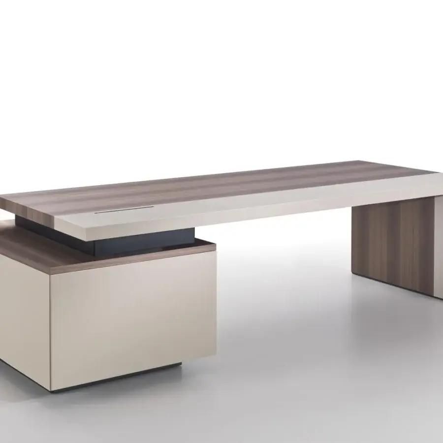 Distinguished 4 Mariani Kefa desk built with wood, soft leather inlay, titanium varnished aluminum, and light-toned panels in a geometric design