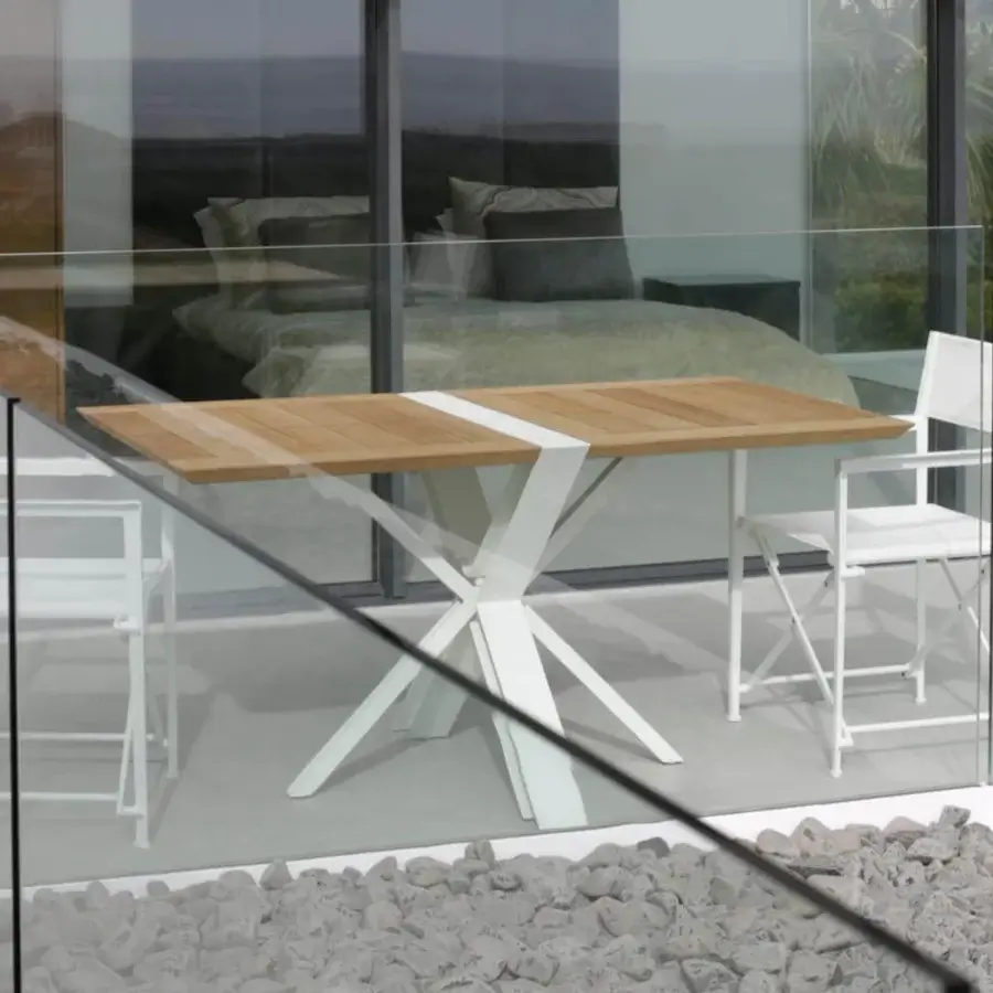 Exclusive Royal Botania Traverse folding table with rectangular teak wood tabletop and white coated aluminum base