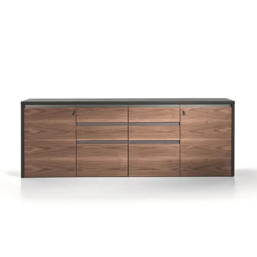 Captivating 4 Mariani Kefa sideboard built in walnut-toned wood veneer with titanium varnished aluminum profile handles and black melamine shelving