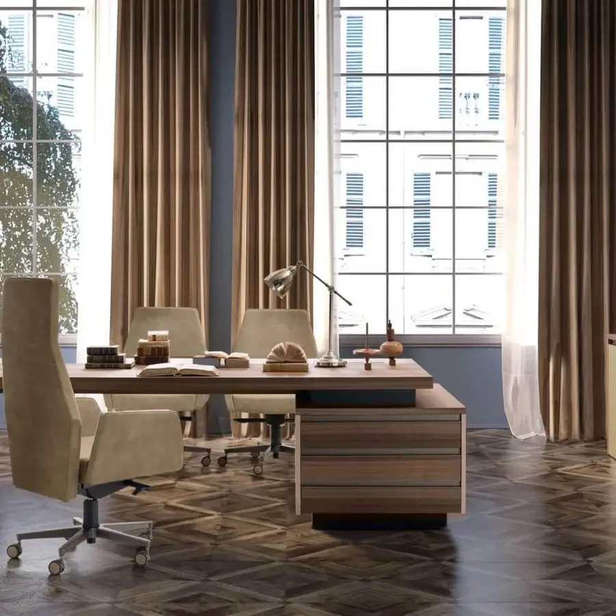 Exclusive 4 Mariani Kefa sideboard crafted in light-toned wood veneer with leather accents and titanium varnished aluminum profile handles